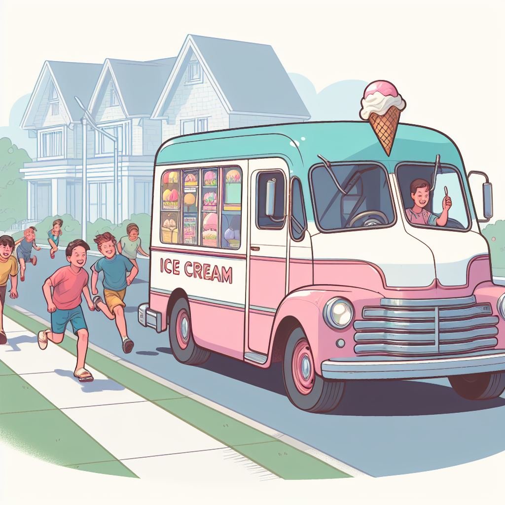 A vintage ice cream truck driving down a suburban street with a group of children running eagerly behind it. The truck is painted in pastel colors and has a whimsical, retro design.