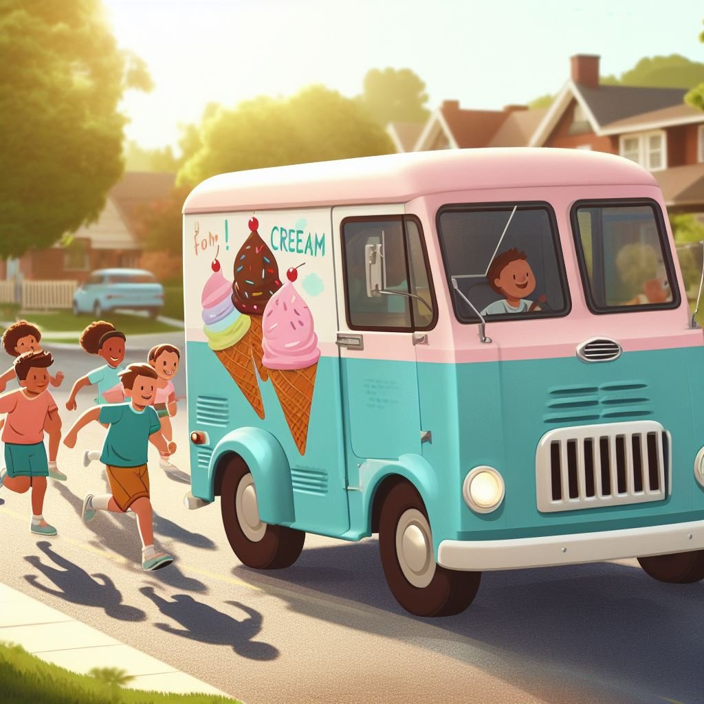 A vintage ice cream truck driving down a suburban street with a group of children running eagerly behind it. The truck is painted in pastel colors and has a whimsical, retro design.