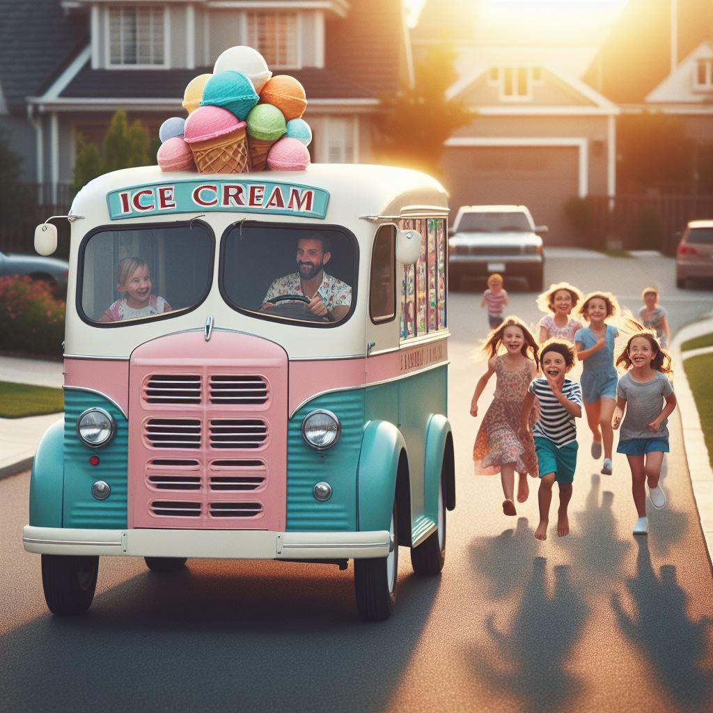 A vintage ice cream truck driving down a suburban street with a group of children running eagerly behind it. The truck is painted in pastel colors and has a whimsical, retro design.