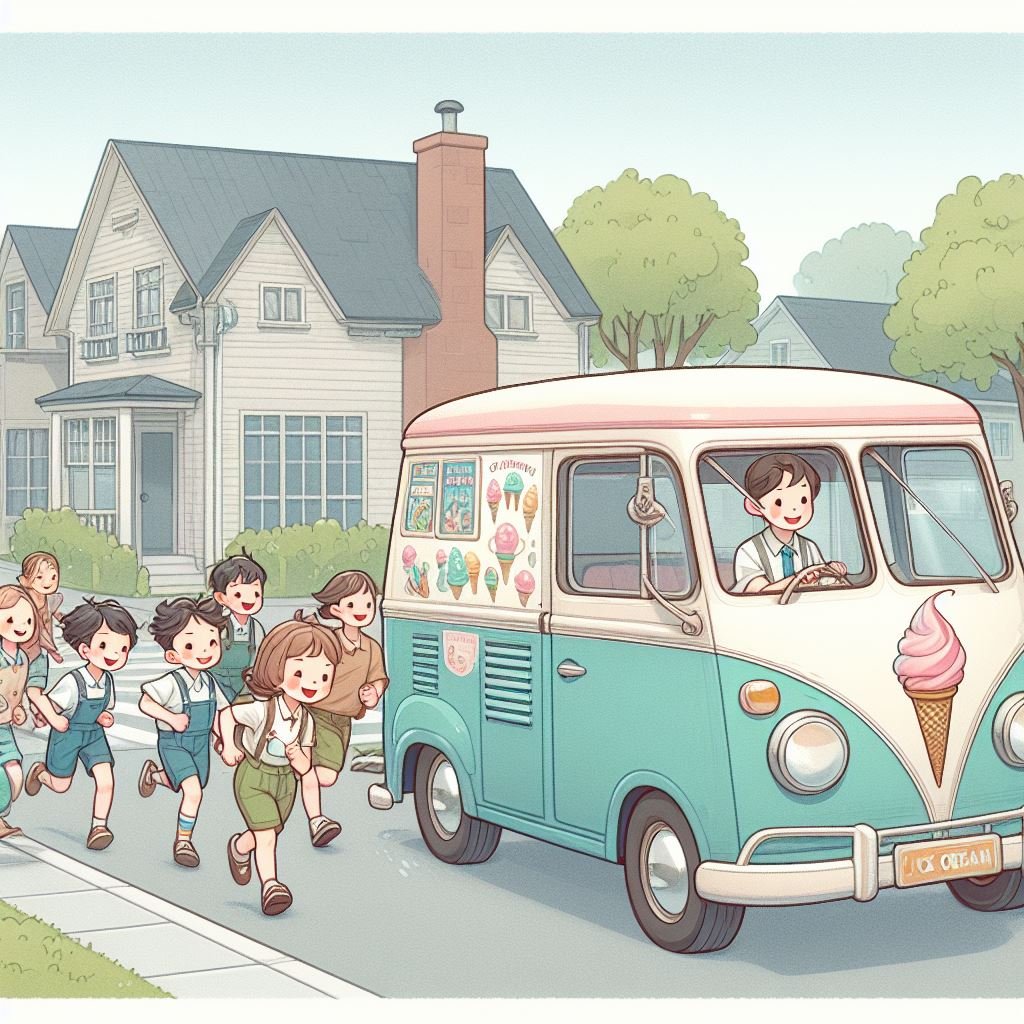 A vintage ice cream truck driving down a suburban street with a group of children running eagerly behind it. The truck is painted in pastel colors and has a whimsical, retro design.