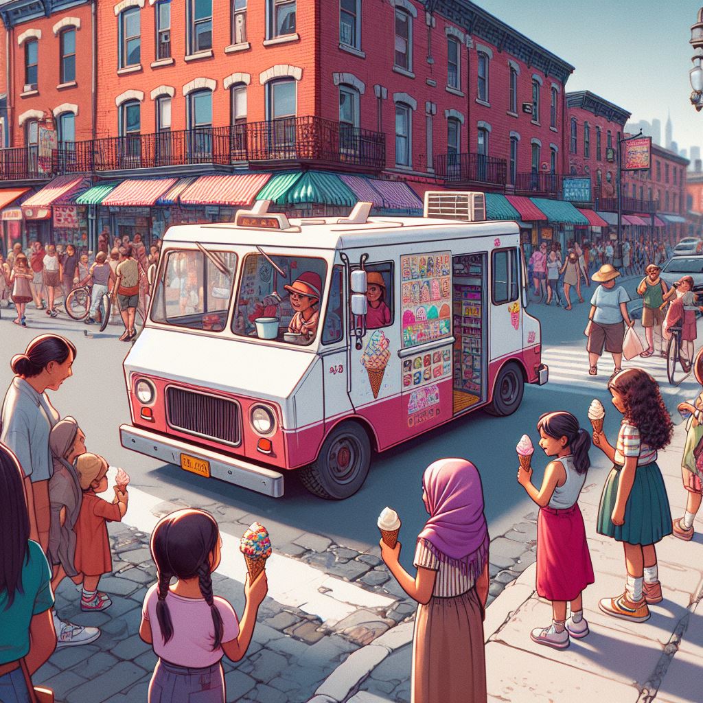 A bustling street corner on a hot summer day, with an ice cream truck parked in the center. Children and adults can be seen eagerly lining up for a scoop or cone, while the sound of the truck's jingle fills the air.